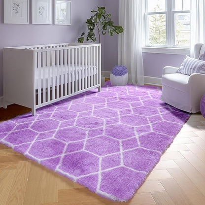ONASAR Area Rugs for Bedroom Living Room, 4x6 Fluffy Purple and White Throw Rug, Boho Geometric Soft Shaggy Fuzzy Plush Indoor Floor Carpet for Kids Teen Nursery Dorm Home Decor Aesthetic