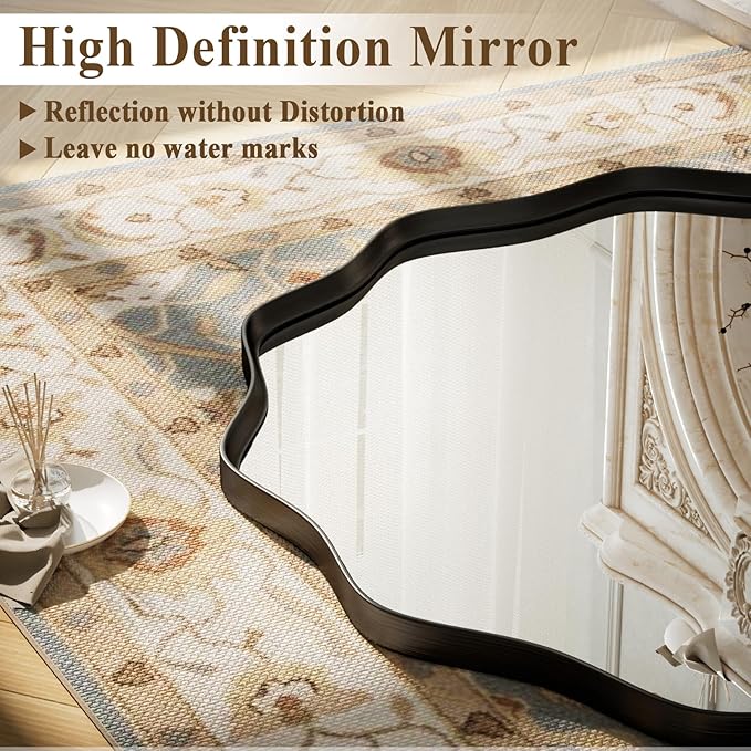 VooBang Black Scalloped Circle Mirror, 24" Wavy Edge Round Wall Mirror with Tempered Glass Textured Circular Metal Deep Frame, Hanging Leaning for Bathroom, Hallway, Entryway, Livng Room