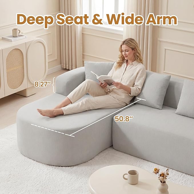 103" L Shaped Boneless Sectional Couches for Living Room, Curved Modular Sectional Sofa with Chaise, Modern Cloud Couch Deep 3 Seat No Assembly, Light Grey
