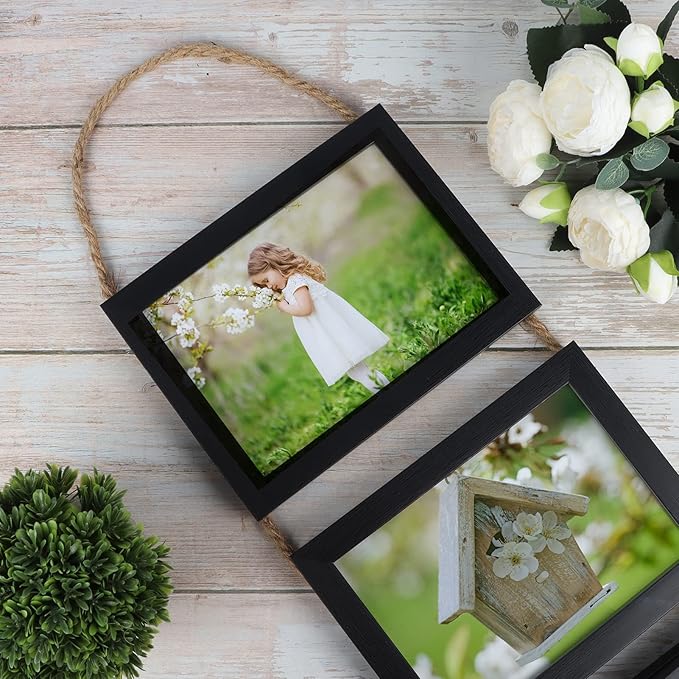 Lavezee 5x7 Hanging Collage Picture Frames Set of 2, Black 8 Opening Horizontal Frame Made to Display 5 x 7 Inch Photo for Wall Decor