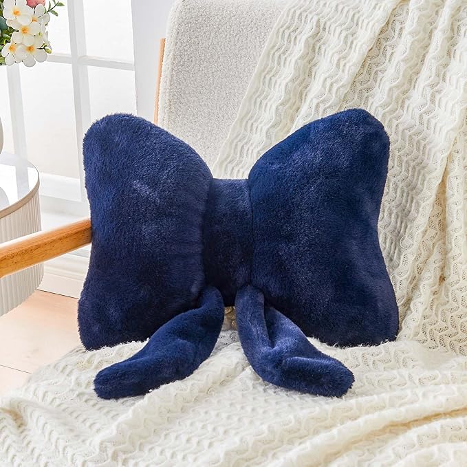 XVTRU Navy Bow Pillow, Soft Bow Decorative Pillows with Faux Rabbit Fur, Cute 12" Bow Throw Pillows, Aesthetic Home Decor Bow Shaped Plush Pillow for Bedroom Sofa Couch