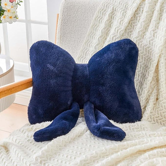 XVTRU Navy Bow Pillow, Soft Bow Decorative Pillows with Faux Rabbit Fur, Cute 16" Bow Throw Pillows, Aesthetic Home Decor Bow Shaped Plush Pillow for Bedroom Sofa Couch