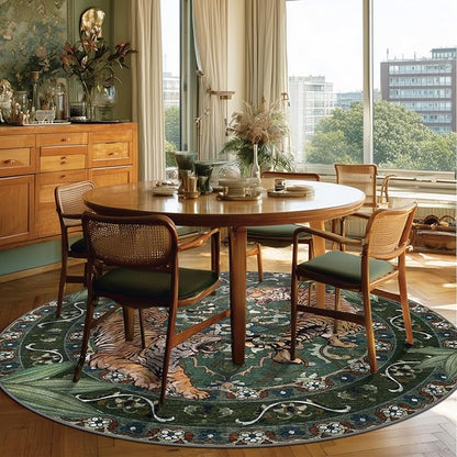 8Ft Round Tiger Washable Rugs for Living Room, Boho Green Animal Print Bedroom Circle Rugs Non Slip, Botanical Jungle Floor Carpet for Dining Room Entryway Nursery Playroom Office