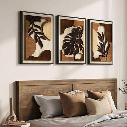 Framed Wood 3D Boho Textured Wall Art Bedroom, 3 Piece Tropical Botanical Carved Wooden Artwork for Walls, Brown Monstera Leaf Wood Wall Art Decor for Living Room Dining Room Home Office, 16x24 Inch