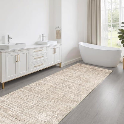 Runner Rug Non-Slip Kitchen Rug: 3x8 Washable Abstract Modern Soft Stain Resistant Indoor Floor Neutral Accent Throw Carpet for Hallway Bathroom Laundry Room Bedroom Entryway- Beige