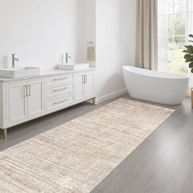 Runner Rug Non-Slip Kitchen Rug: 2x6 Washable Abstract Modern Soft Stain Resistant Indoor Floor Neutral Accent Throw Carpet for Hallway Bathroom Laundry Room Bedroom Entryway- Beige