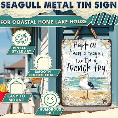 Seagull Vintage Tin Sign Seagull with French Fry Metal Tin Sign Beach Decor Beach Decor for Bedroom Pool Decorations Outdoor 12x16inch