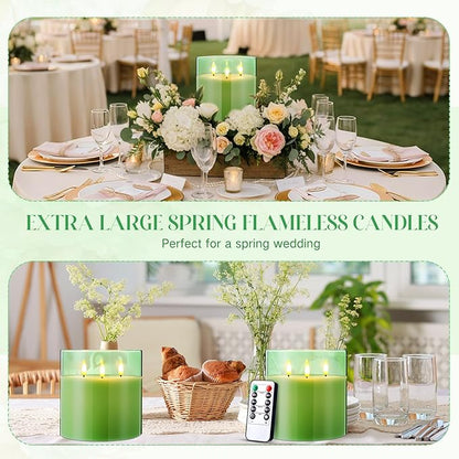 Retisee 6'' x 6'' Extra Large Flameless Candles, 3 Wick Glass Large Candles with Remote Control and Timer Function, Real Wax LED Pillar Flickering for St. Patrick's Spring Party Decor(Green,1 Pcs)