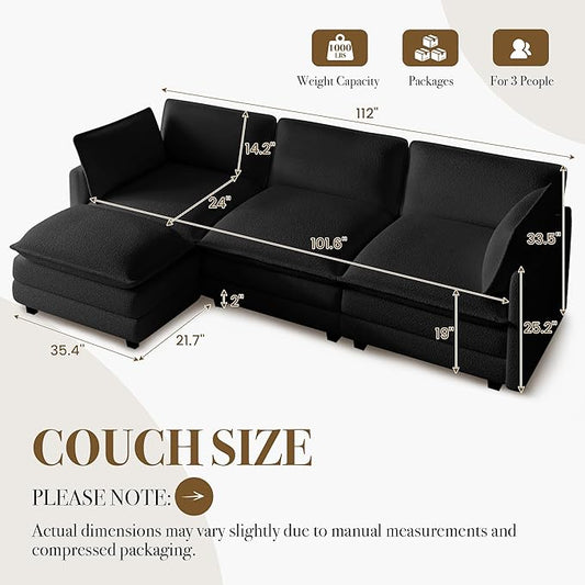 ROWHY 112'' Modular Sectional Cloud Couch with Movable Ottoman, 4 Seat Modern Chenille Sofa with 2 Throw Pillows, Deep Seat L Shaped Couch for Living Room Bedroom Apartment, Black | Arrange Freedom, Pet-Friendly Fabric, Sturdy Frame, Ultimate Comfort, ...