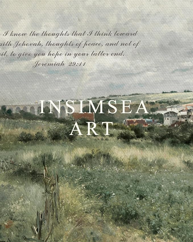 InSimSea 36x54 Large Canvas Scroll Christian Wall Art, Bible Verse Village Summer Green Landscape Decor, Inspirational Religious Oil Painting for Living Room, Prayer Room, Church