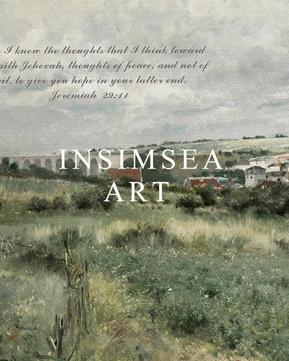 InSimSea 36x54 Large Canvas Scroll Christian Wall Art, Bible Verse Village Summer Green Landscape Decor, Inspirational Religious Oil Painting for Living Room, Prayer Room, Church