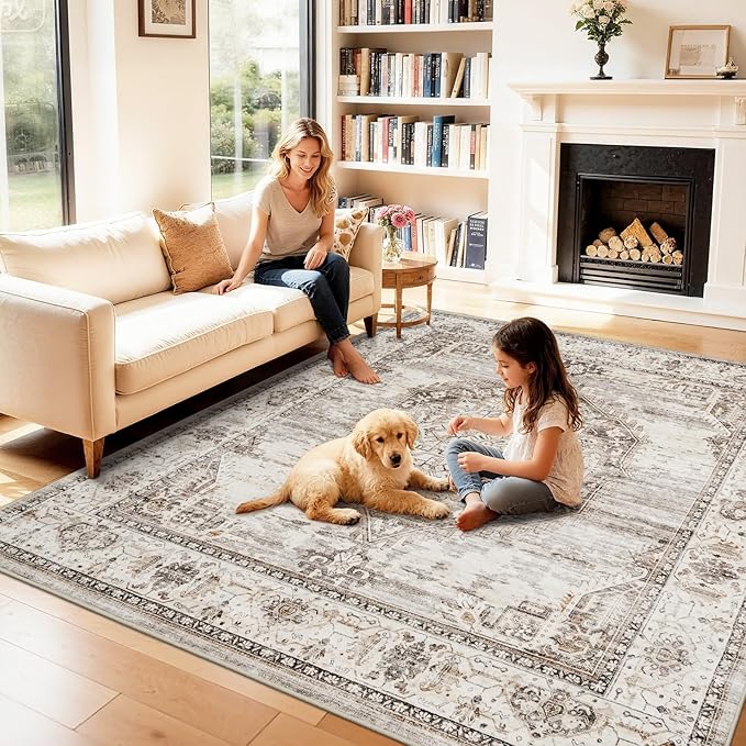 7x7 Area Rug Washable Living Room Rugs: 7ft Square Ultra Thin Soft Oriental Area Rugs Non-Slip Backing Farmhouse Rug Low Pile Thin Stain Resistant Indoor Carpets, 7' x 7' Beige