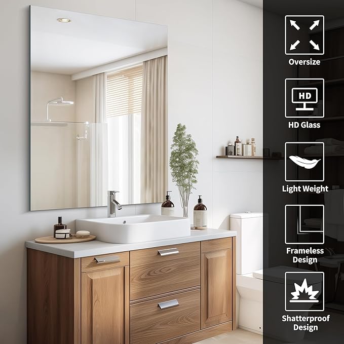 CILIBER Frameless Mirror, 36x48 Mirrors for Wall, Large Bathroom Mirror for Over Sink, Rectangle Frameless Vanity Mirror with Polished Edge, 3mm Tempered Glass, Hangs Horizontally or Vertically