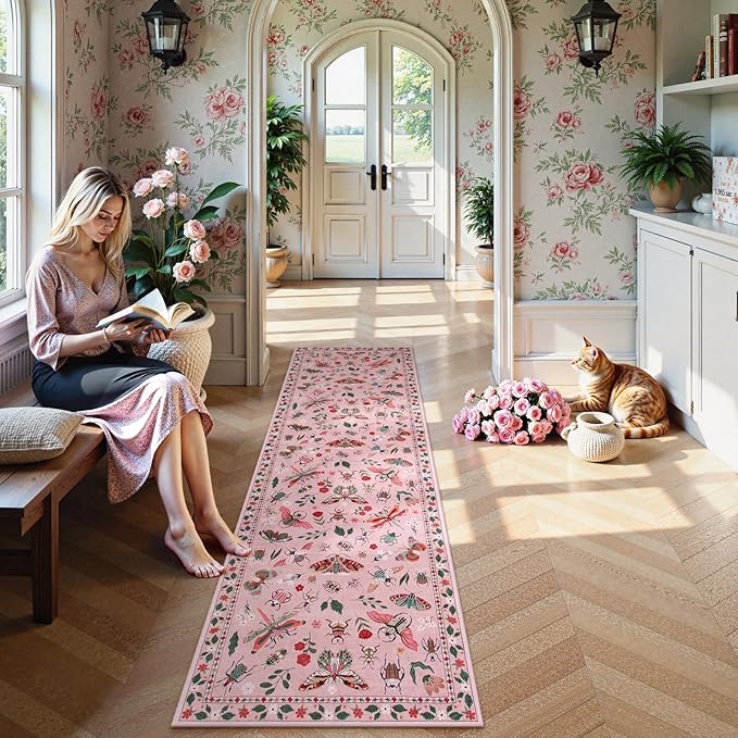 Lahome Insect Hallway Runner Rug, 2'5''x8' Ultra-Thin Washable Runners for Hallways Kitchen, Soft Laundry Room Rug Non-Slip Long Carpet for Entryway Bedroom Bathroom Vionnet, Pink