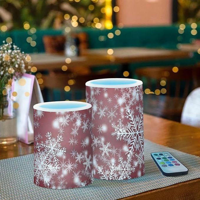 Christmas Lights Decorations Flameless Candles Christmas Background with Snowflakes Red Pillar Candles Set of 2 Battery Operated Remote Control Warm Lights