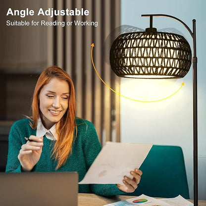 ZECOXOL Arc Floor Lamp with 3 Color Temperatures,Black Floor Lamp with Remote Control, Boho Standing Lamp with Rattan Wicker Shades, Farmhouse Tall Pole Lamp for Living Room Bedroom