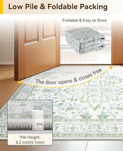 RELEANY Area Rugs Round 6ft Washable Non-Slip, Floral Vintage Distress Print Pattern Medallion Carpet for Living Room Bedroom Dining Room, Green White Blue