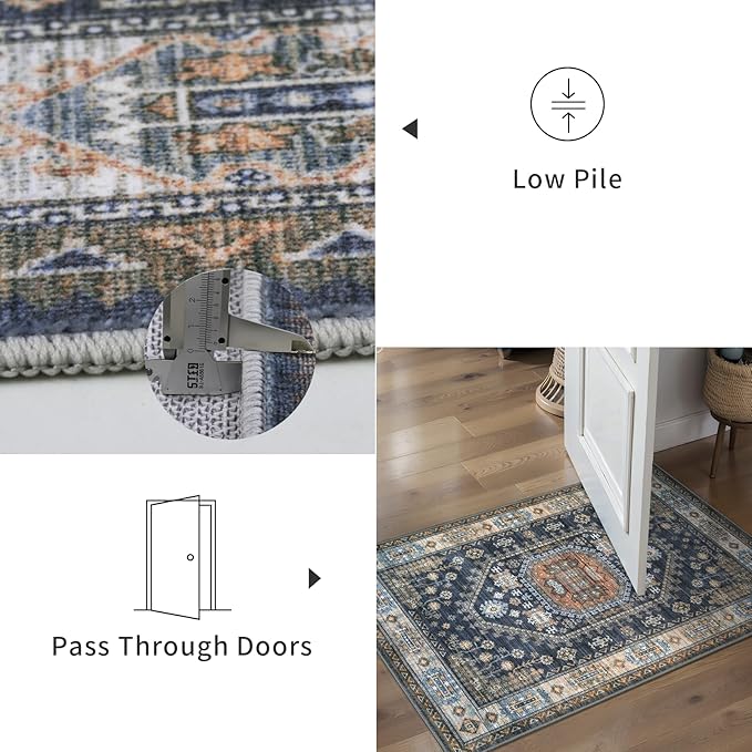 Tangsoo Vintage Geometric 2x6 Washable Runner Rug for Hallways,Blue Orange Non-Slip Rubber Backing Mat Non-Slip Low Pile Long Rug Runner for Kitchen Bedroom Entryway Laundry