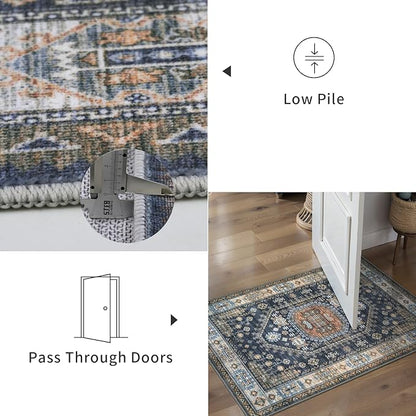 Tangsoo 2.6x10 Washable Runner Rug for Hallways,Vintage Non-Slip Kitchen Runner Rugs Non-Slip Boho Soft Low Pile Long Rug Runner for Bedroom Entryway Laundry Bathroom Living Room Blue Orange