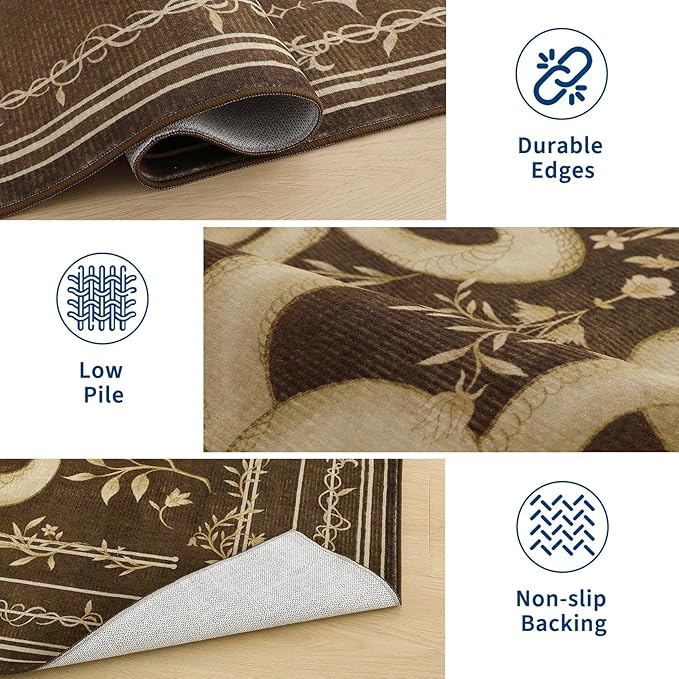 Garvee Snake Gothic Washable Rug 5x7 Dark Whimsical Moody Witchy Unique Soft Thin Carpet for Living Room Bedroom Playroom Indoor Decor Low Pile TPE Backing Brown