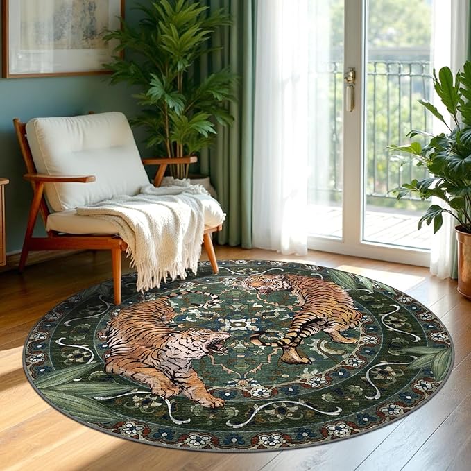 Round Tiger Area Rugs for Living Room 5ft, Boho Green Animal Print Bedroom Circle Rugs Non Slip, Washable Botanical Jungle Floor Carpet for Dining Room Entryway Nursery Playroom Office