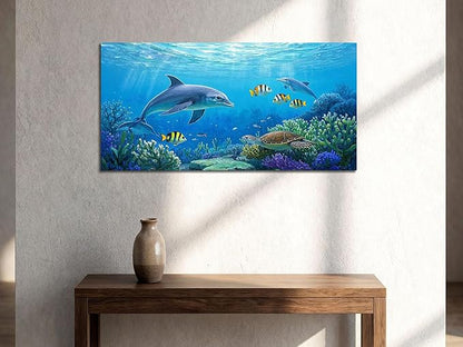 Ardemy Ocean Life Wall Art 40"x20" Picture, Waterproof Canvas Print with Dolphins and Sea Turtles, Underwater Scene for Bathroom, Kids Room, Living Room Coastal Decor