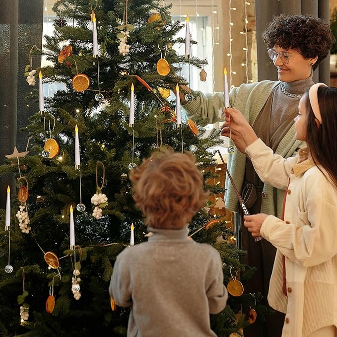 Leejec Christmas Tree Candles with Wand Remote, 10 Pack Battery Operated Flameless Taper Window Candle, Flickering Warm Light, Xmas Tree Decorations with Crystal Ball Hook, Wedding Home Gift