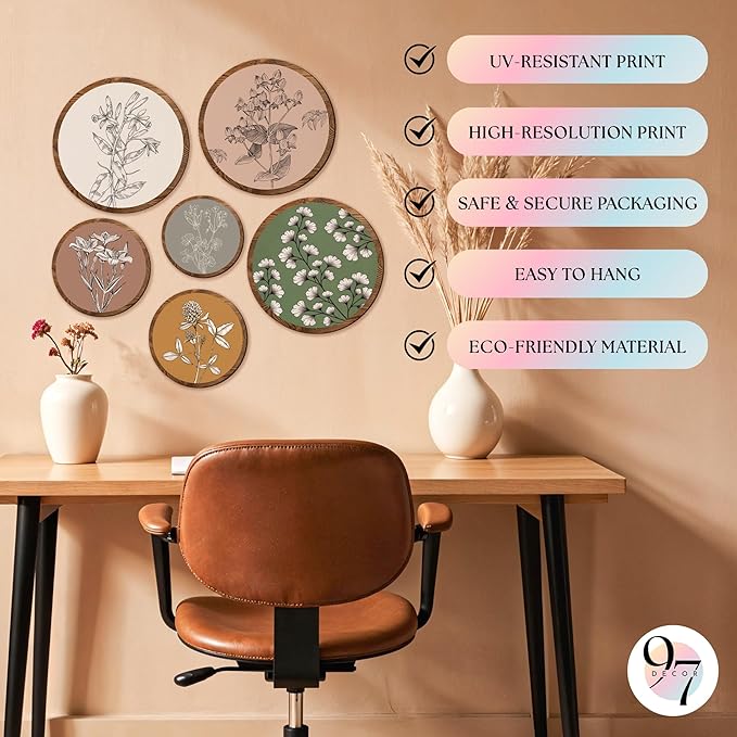 97 Decor 6 Pcs Wooden Boho Wall Art For Bedroom - Bohemian Plant Art Wall Decor, Vintage Botanical Prints Floral Pictures For Living Room, Kitchen, Office
