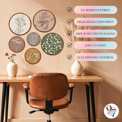 97 Decor 6 Pcs Wooden Boho Wall Art For Bedroom - Bohemian Plant Art Wall Decor, Vintage Botanical Prints Floral Pictures For Living Room, Kitchen, Office