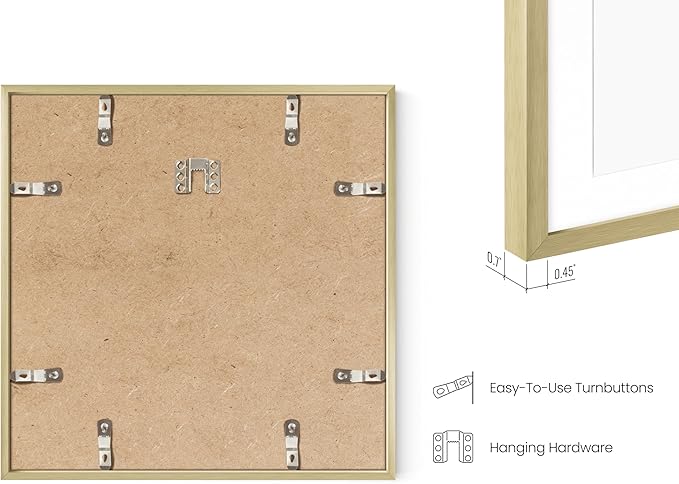 HAUS AND HUES 12x12 Gold Metal Picture Frames Matted to 8x8 - Premium Aluminum with Hanging Hardware, Shatterproof Plexiglass - Ideal for Home or Office (12x12 in, Gold, Set of 6)