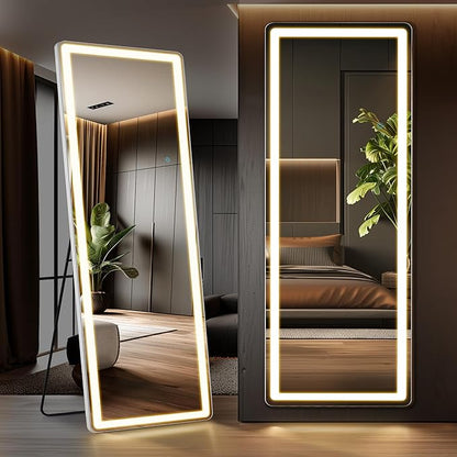 Full Length Mirror with Stand 26"×71", Upgraded Full Body Mirrors with LED Light 3 Color Lighting, Floor Standing, Hanging or Leaning Modern Simple Home Wall Decor, White