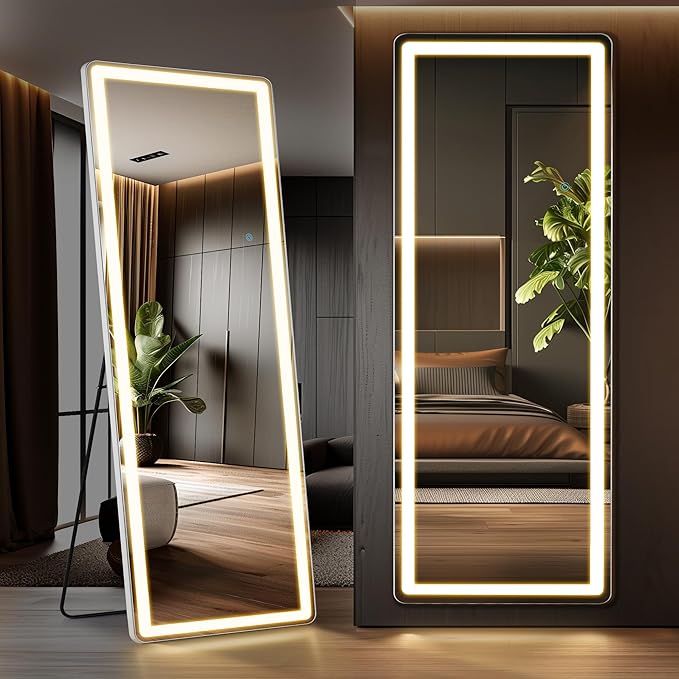 DUMOS 26"×71" LED Full Length Mirror with Lights, Lighted Floor Full Body Mirror with 3 Color Lighting, Wall Mounted Stand Mirror for Bedroom, Dressing Room, Living Room, Bathroom