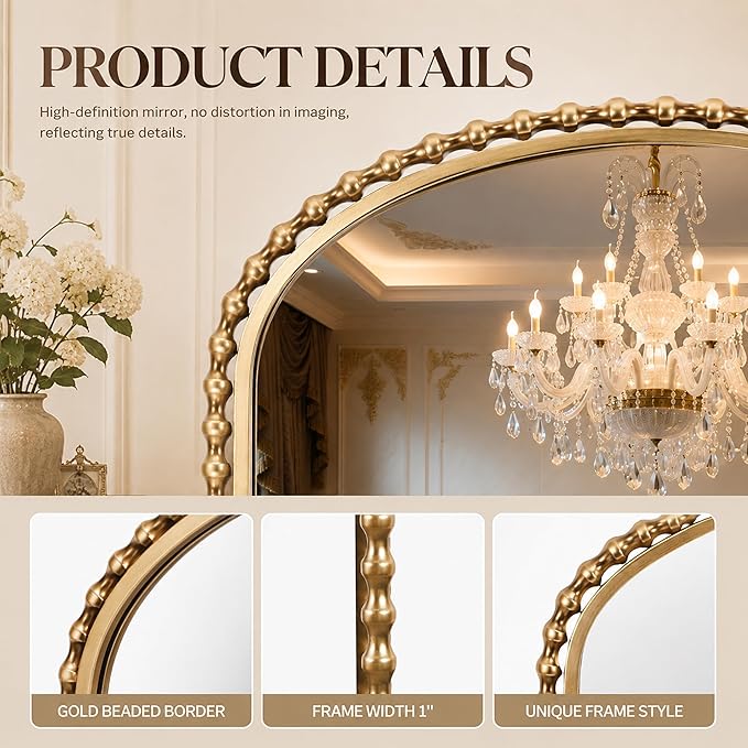 36x28 Inch Wide Arched Wall Mirror with Bold Antique Gold Beaded Frame, Decorative Mantel Mirror for Fireplace or Entryway, Horizontal Hanging Statement Mirror for Living Room Wall Decor