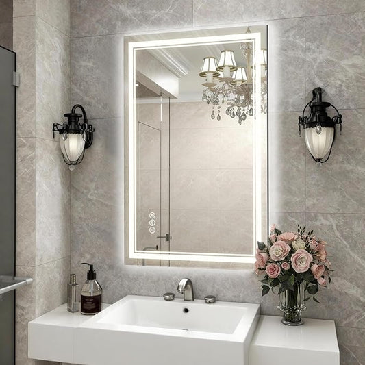 EOGOW LED Bathroom Mirror with Lights,32'' x 24''Backlit LED Mirror for Bathrooms with Anti-Fog,Dimmable,3 Colors Bathroom Mirror, Wall Mounted Horizontal/Vertical Vanity Mirrors,Tempered Glass