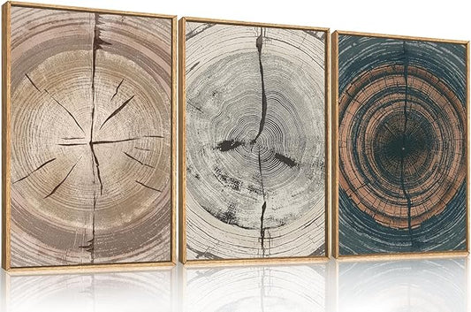 Vintage Beige Tan Tree Ring Framed Canvas Wall Art Set,Modern Neutral Gray Wood Stump Wall Decor,Rustic Wooden Tree Spiral Artwork for Living Room,Bedroom,Farmhouse-16 x24 x3