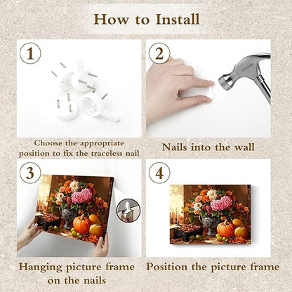LB Vintage Kitchen Wall Art Pink and White Flower and Orange Pumpkin Floral Canvas Wall Art Modern Aesthetic Wall Decor for Living Room Restaurant Home Decoration Framed Ready to Hang 12L x 16W