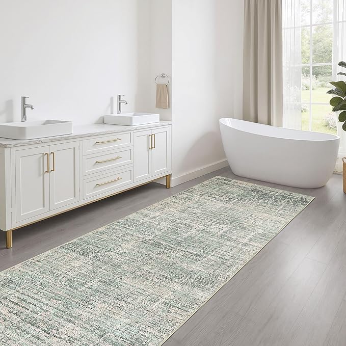 Runner Rug Non-Slip Kitchen Rug: 3x8 Washable Abstract Modern Soft Stain Resistant Indoor Floor Neutral Accent Throw Carpet for Hallway Bathroom Laundry Room Bedroom Entryway- Green