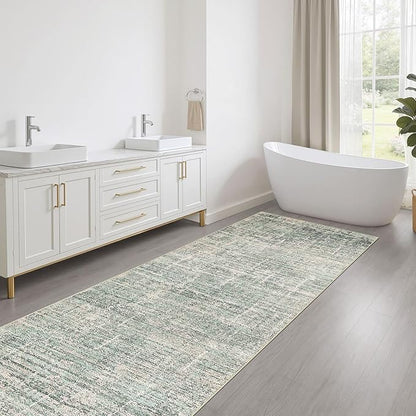 Runner Rug Non-Slip Kitchen Rug: 3x10 Washable Abstract Modern Soft Stain Resistant Indoor Floor Neutral Accent Throw Carpet for Hallway Bathroom Laundry Room Bedroom Entryway- Green