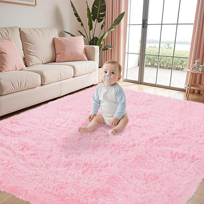 Fluffy Pink Area Rug for Bedroom Living Room Soft 8x10 Fuzzy Washable Rugs Non-Shedding Indoor Plush Rug for Nursery Kids Room Dorm Room Home Decor, High Pile Shaggy Floor Carpets(Pink 8'x10')