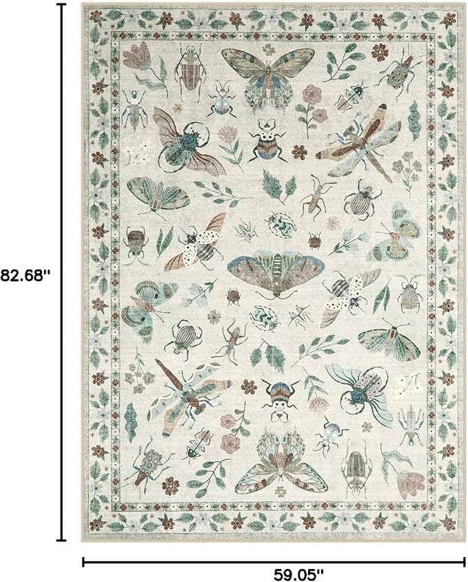 Lahome Insect Print Washable Area Rugs 5x7, Soft Rugs for Living Room Ultra-Thin Non-Shedding Modern Bedroom Rug, Throw Rug Large Carpet for Dining Room Nursery Vionnet(5'x7',Beige)