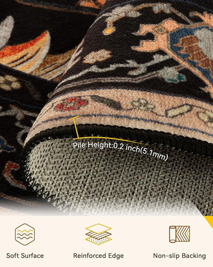 RELEANY Area Rugs Round 7ft Washable Non-Slip, Floral Vintage Distress Print Pattern Medallion Carpet for Living Room Bedroom Dining Room, Black Colorful Floral Dark Tan