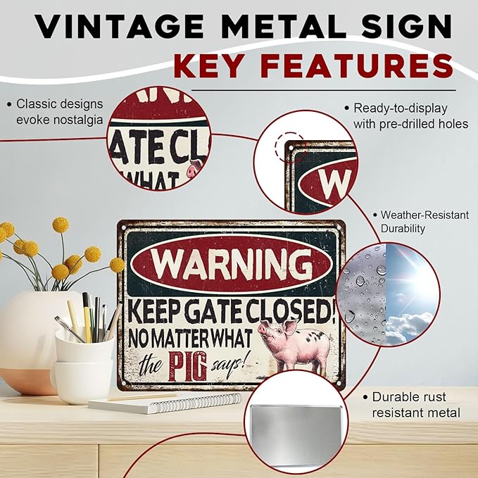 Pig Says Warning Vintage Sign Funny No Trespassing Metal Sign Farmhouse Decoration and Pig Farm Warning Signage for Poultry Owners 12x16inch