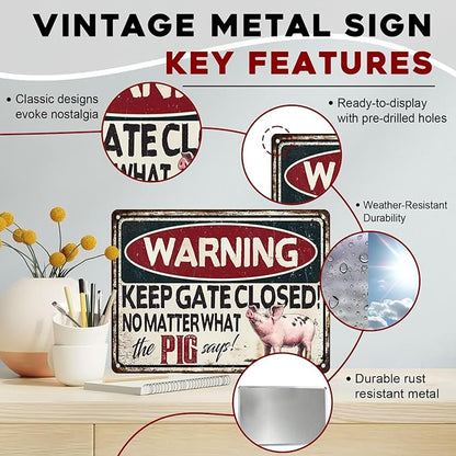 Pig Says Warning Vintage Sign Funny No Trespassing Metal Sign Farmhouse Decoration and Pig Farm Warning Signage for Poultry Owners 12x16inch