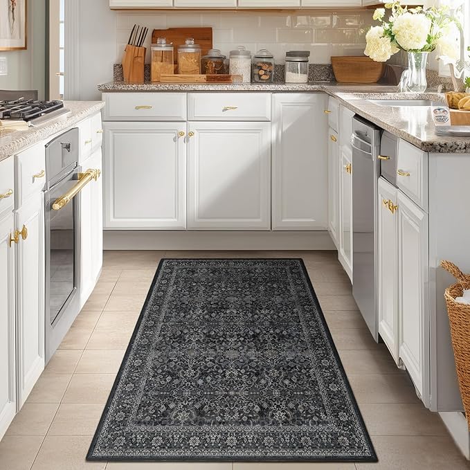 Dark 4x6 Washable Rug, Small Area Rugs Non Slip for Entryway Kitchen Bathroom, Vintage Farmhouse Low Pile Thin Throw Carpet Rug for Foyer/Nursery/Home Office/Living Room, Midnight