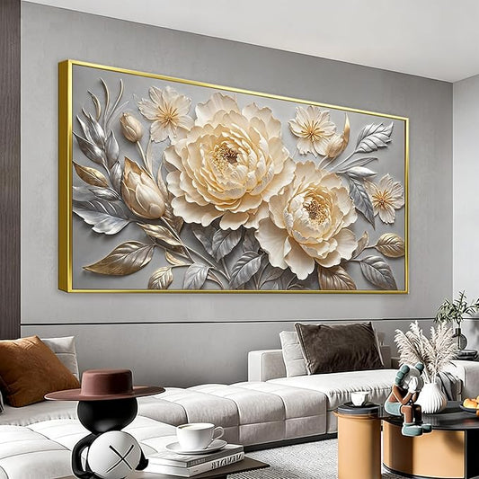 Large Canvas Art Wall Decor Print Silver White Flowers Wall Art Picture Modern Landscape Artwork Painting Gold Framed Wall Art For Living Room Bedroom Home Office Prints Artwork 29" X 58"