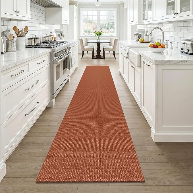 KOZYFLY Orange 2x12 Runners Rugs for Hallway, Long Washable Runner Rug, Woven Non Slip Kitchen Runner, Braided Entryway Rug, Floor Carpet for Entry, Aisle, Hall, Burnt Orange/Tan