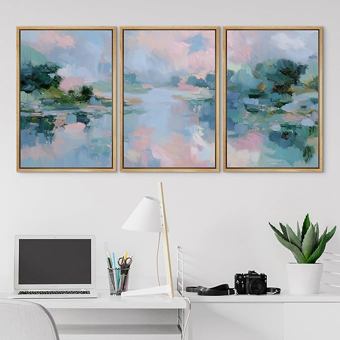 SIGNLEADER Framed Canvas Print Wall Art Set Soft Pastel Lake Landscape Illustrations Minimal Decorative Bohemian Nordic for Living Room, Bedroom, Office - 16"x24"x3 NATURAL
