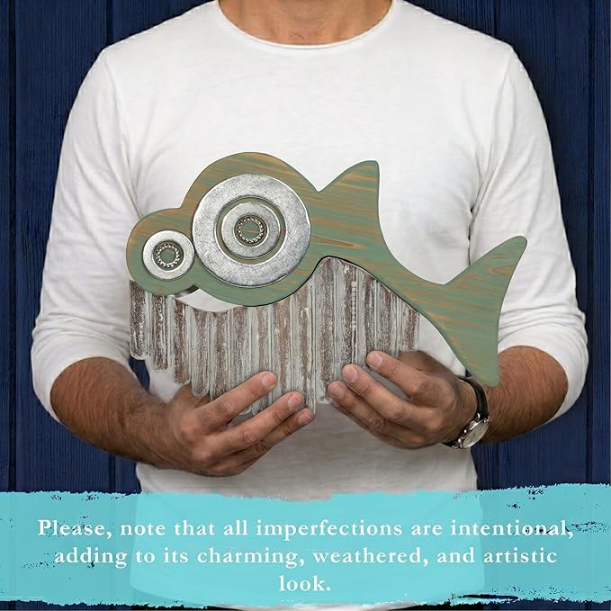 Driftwood Fish Nautical Wall Decor - Handmade Wooden Rustic Coastal Wall Art for Living Room, Bedroom, Office, Bathroom - Ocean Beach Decoration (Ratchet)