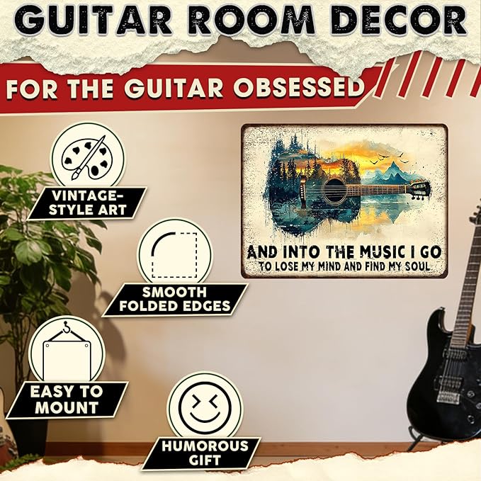 Guitar Retro Metal Poster And Into the Music Art Plaque Guitar Vintage Sign for Man Cave Funny Garage Bar Shed 12x16inch