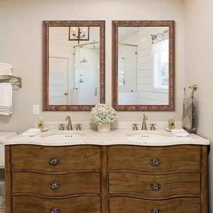 Chende Rectangle Bathroom Mirror for Vanity, 37'' x 25'' Vintage Mirror Wall Decorative, Bronze Solid Wood Frame with Handmade Feather Lines for Entryway, Dining Room, Living Room